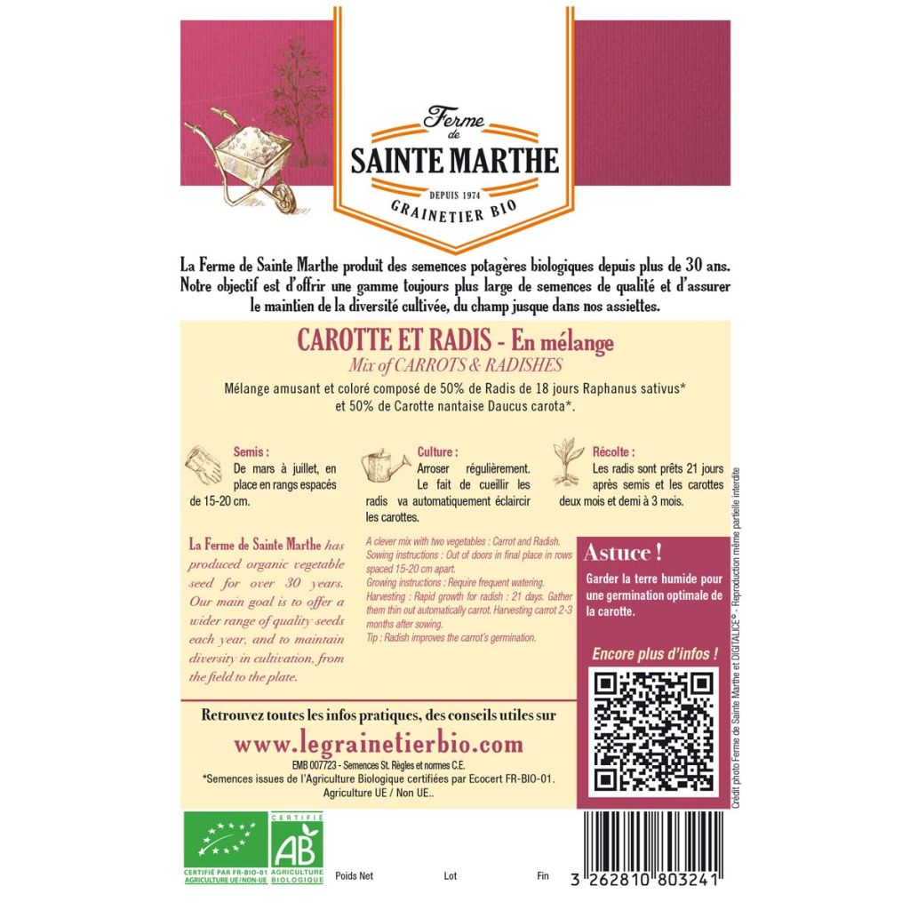 Carotte et Radis en mélange (Carotte Nantaise - Radis de 18 jours) - Bio - Ferme de Sainte Marthe