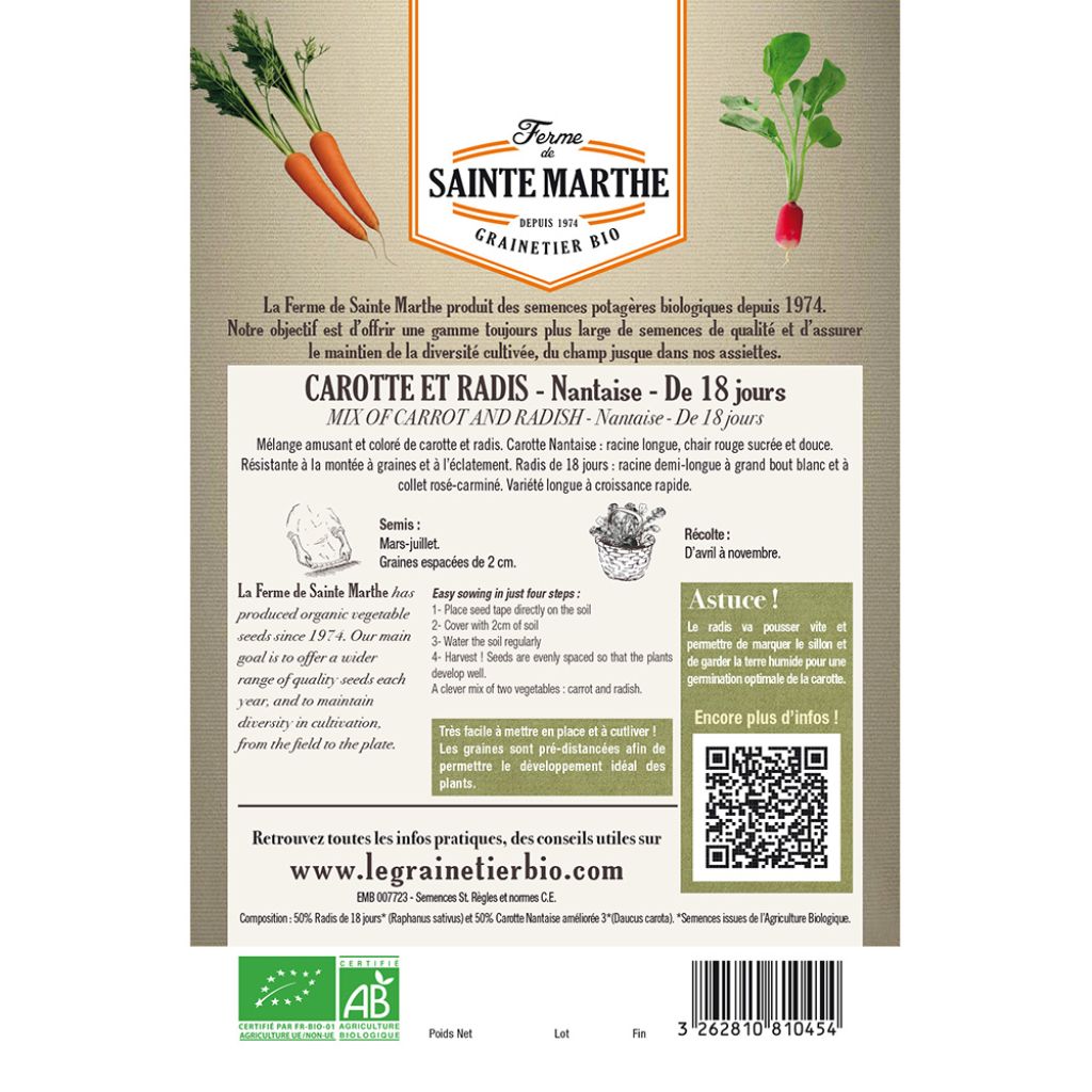 Carte ruban de Carotte Nantaise - Radis de 18 jours - Bio - Ferme de Sainte Marthe