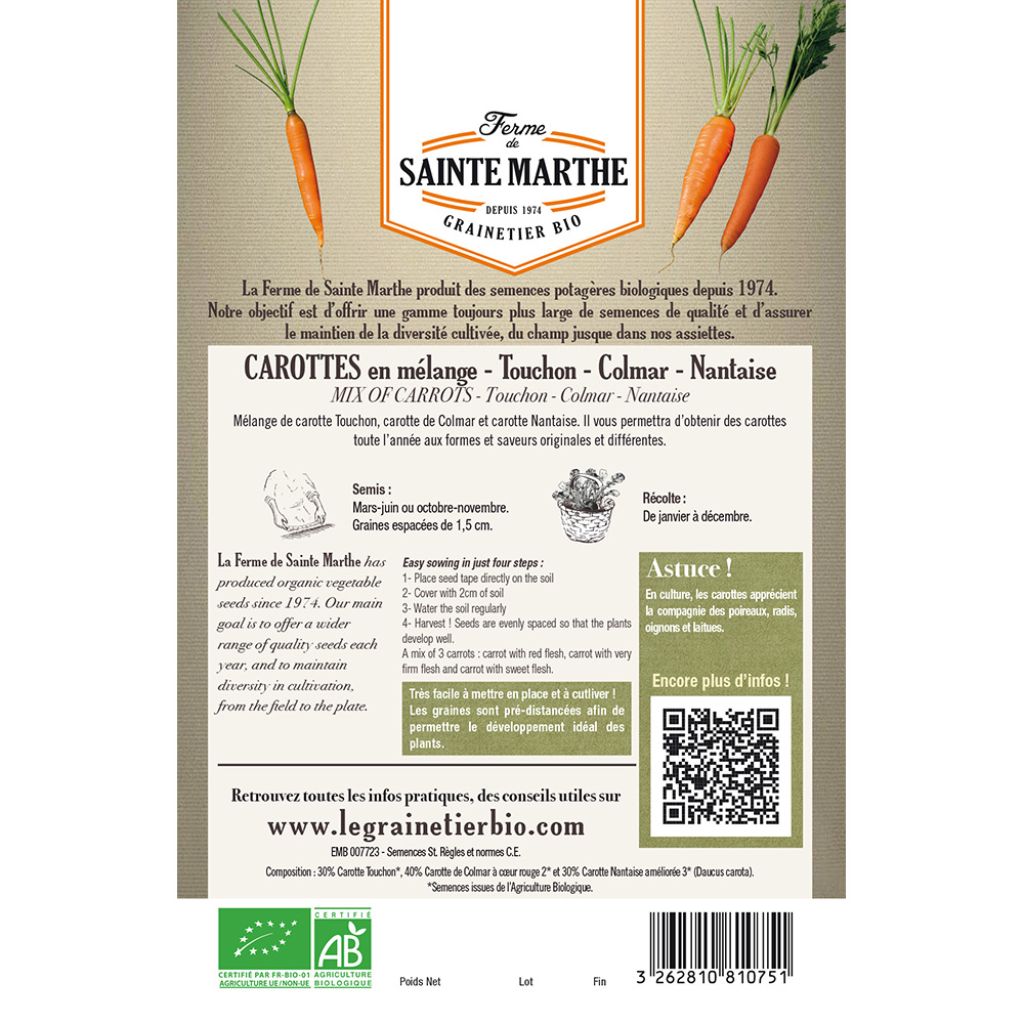 Carte ruban de Carottes en mélange (Touchon, Colmar, Nantaise) - Bio - Ferme de Sainte Marthe