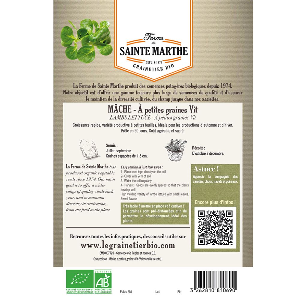 Carte ruban de Mâche à Petite Graine Vit Bio - Ferme de Sainte Marthe