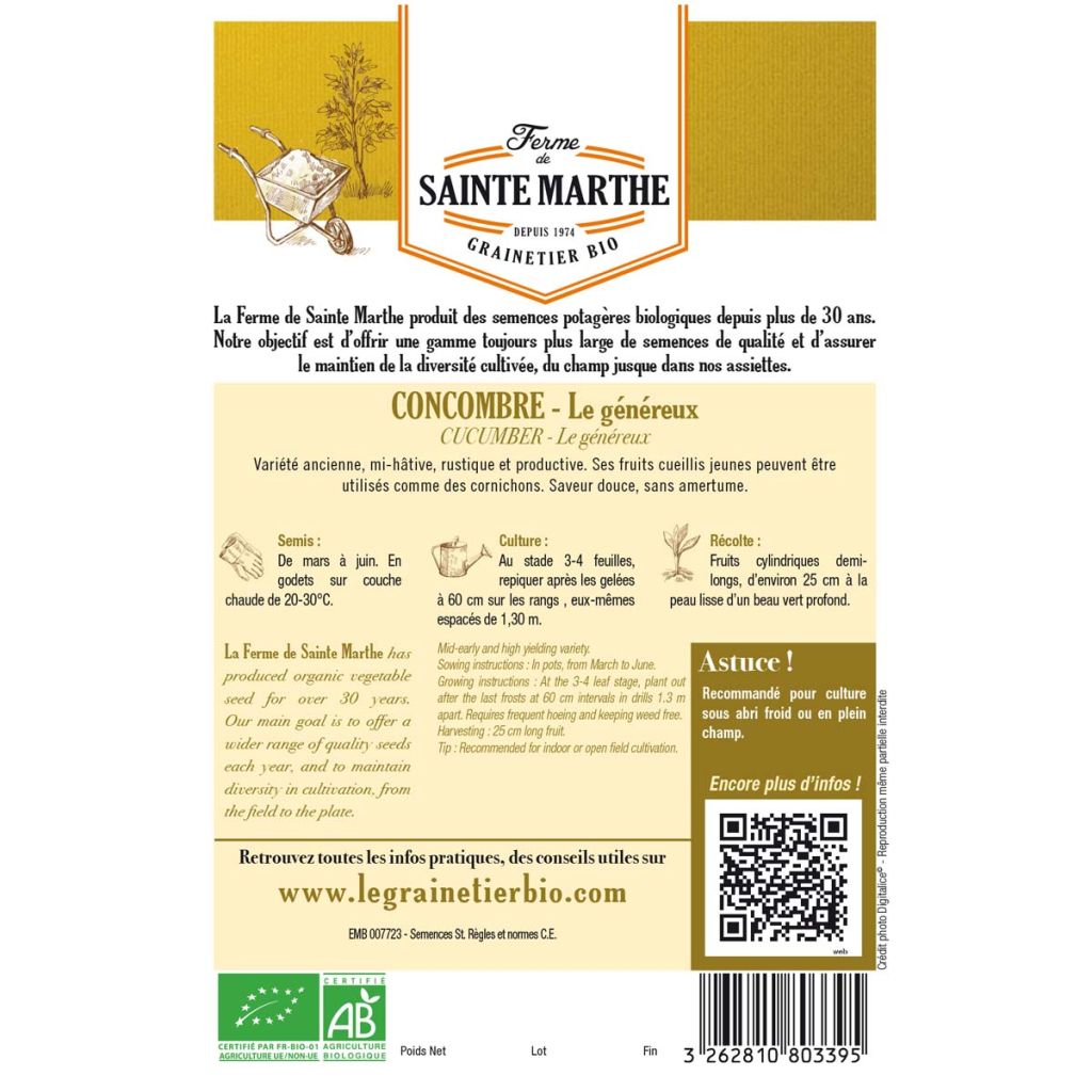 Salat-Gurke Le Généreux Bio - Ferme de Sainte Marthe