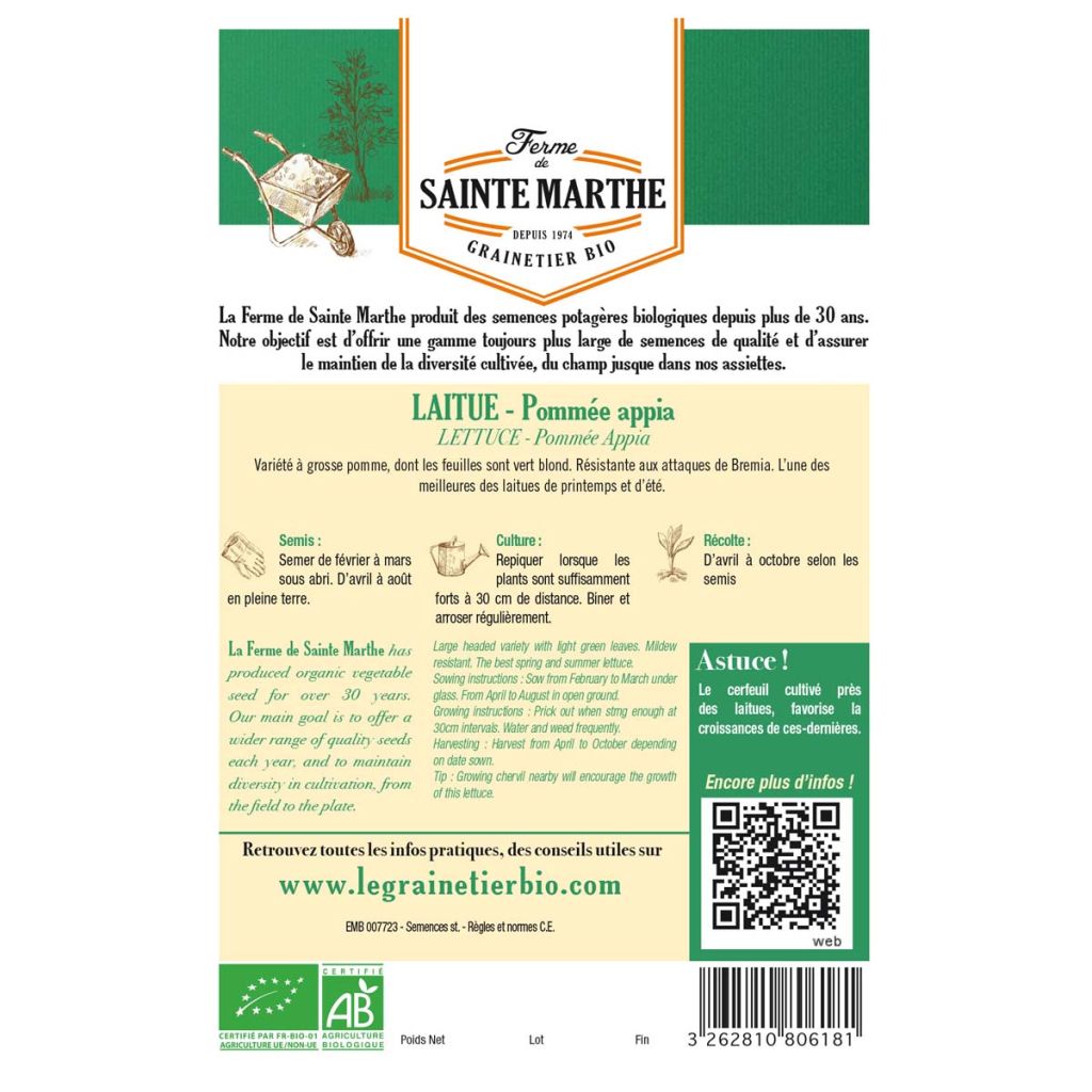 Laitue pommée Appia Bio - Ferme de Sainte Marthe