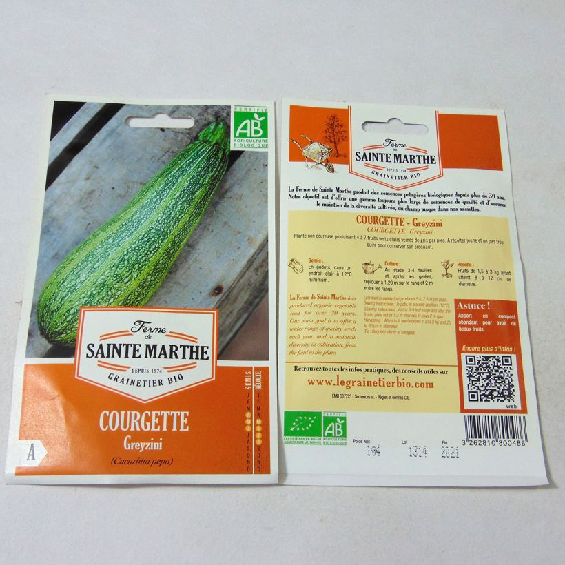 Beispiel eines Exemplars von Courgette Greyzini Bio - Ferme de Sainte Marthe Graines wie geliefert