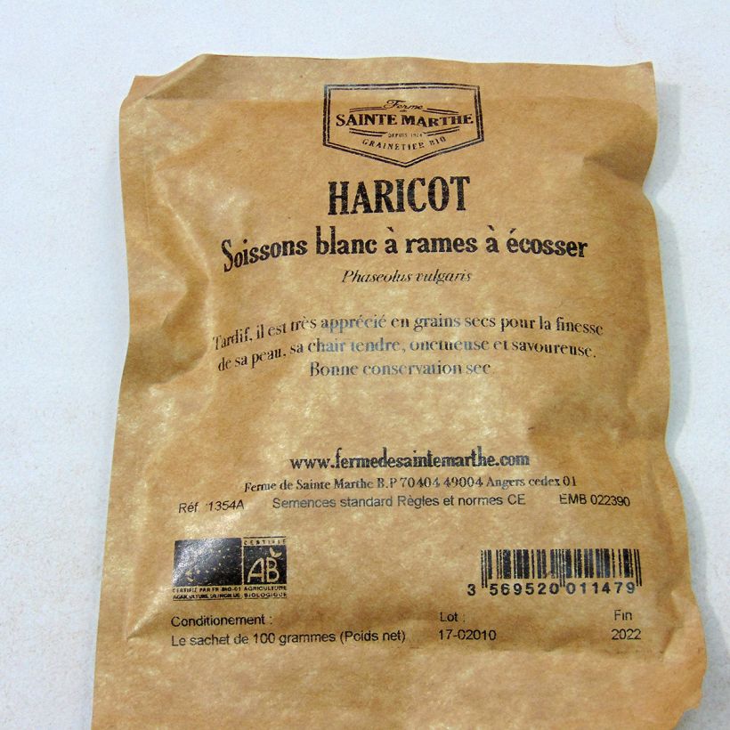 Beispiel eines Exemplars von Haricot à rames à écosser Soissons gros blanc Bio - Ferme de Sainte Marthe  Graines wie geliefert