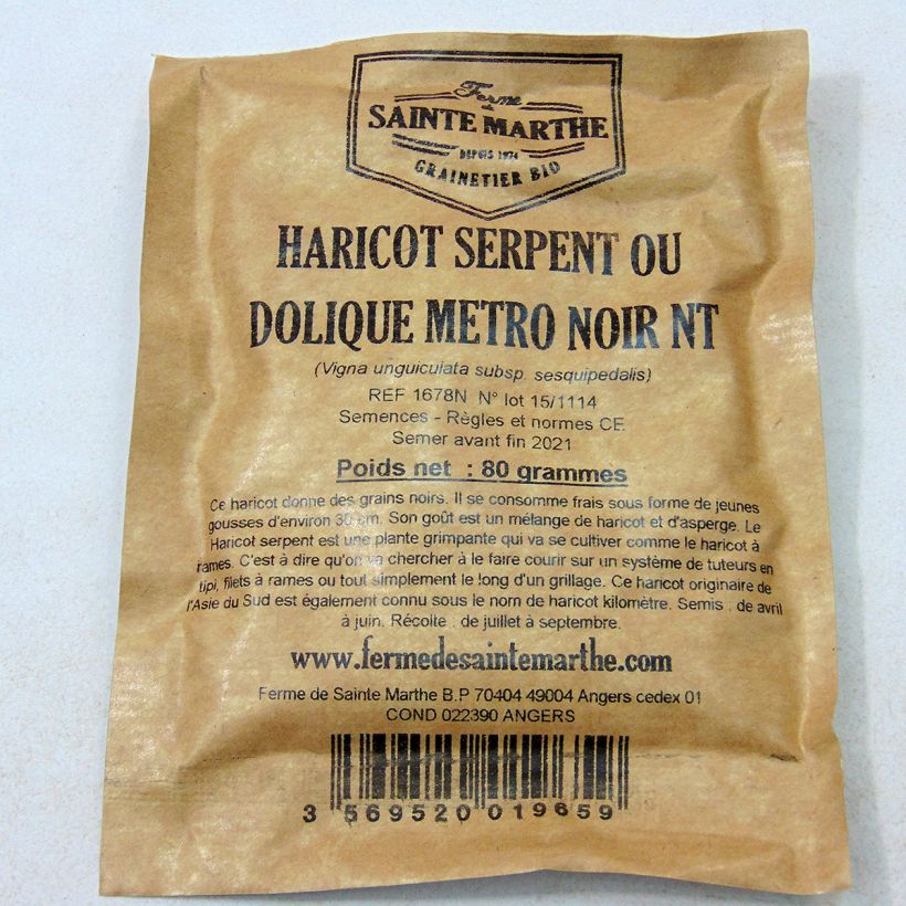 Beispiel eines Exemplars von Haricot serpent ou Dolique Metro noir NT - Ferme de Sainte Marthe Graines wie geliefert