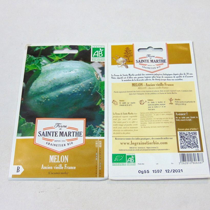 Beispiel eines Exemplars von Melone Ancien Vieille France Bio - Ferme de Sainte Marthe die Tüte mit 15 Samen wie geliefert